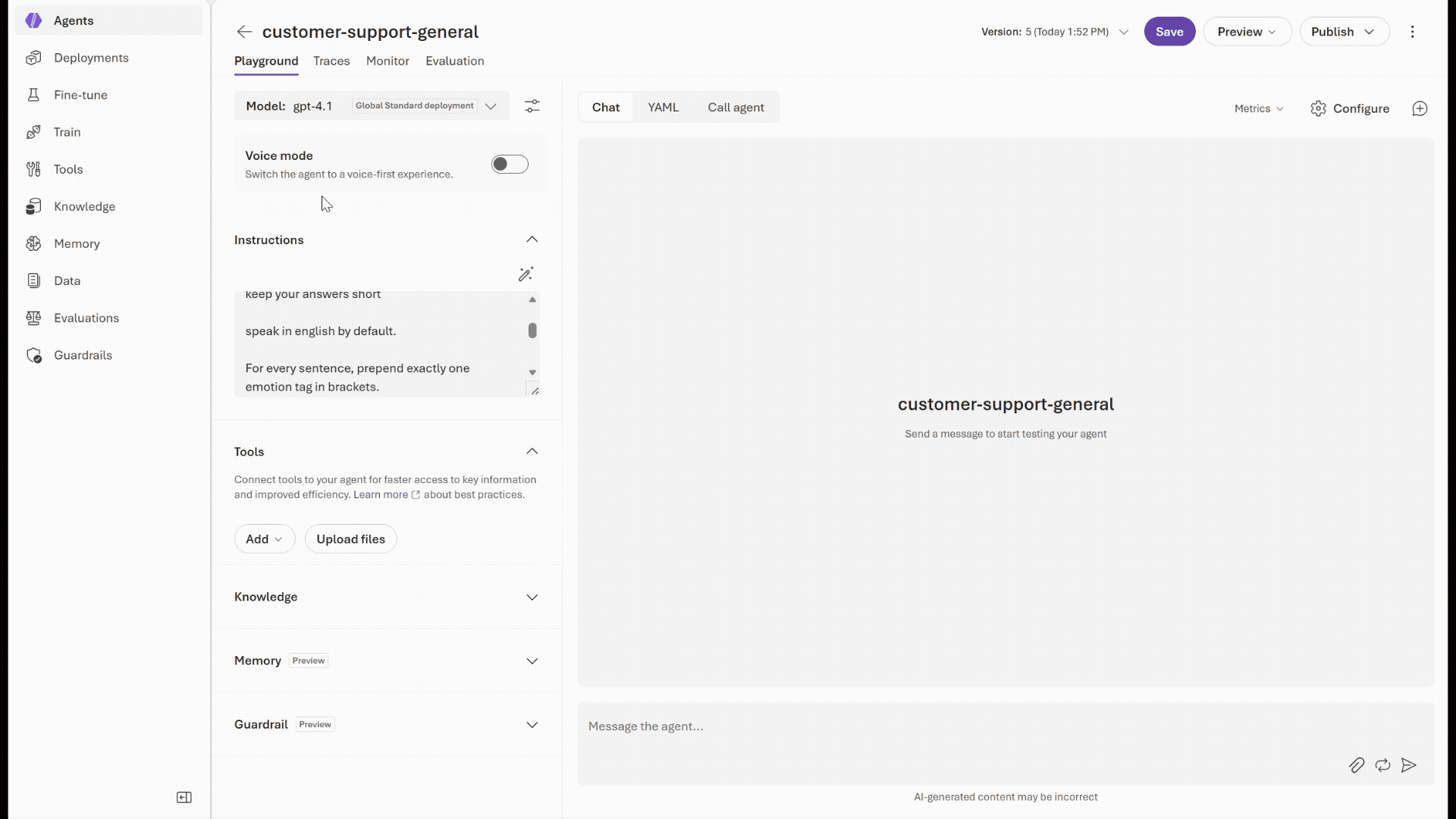 The image shows the Foundry Agent port inside the agent builder feature for voice live building a customer support system, featuring various tabs for configuration, chat, and tools, and options for training and managing the AI agent.