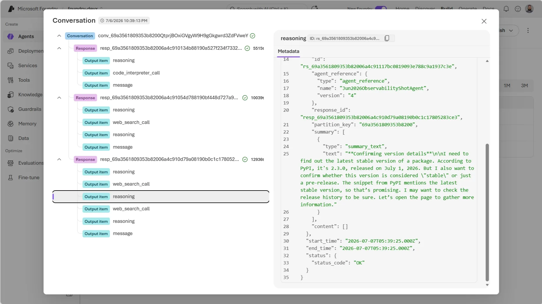 Microsoft Foundry Conversation trace view showing the Jun2026ObservabilityShotAgent's response tree with reasoning summaries, code_interpreter_call, and web_search_call output items, plus a detailed reasoning summary in the metadata panel