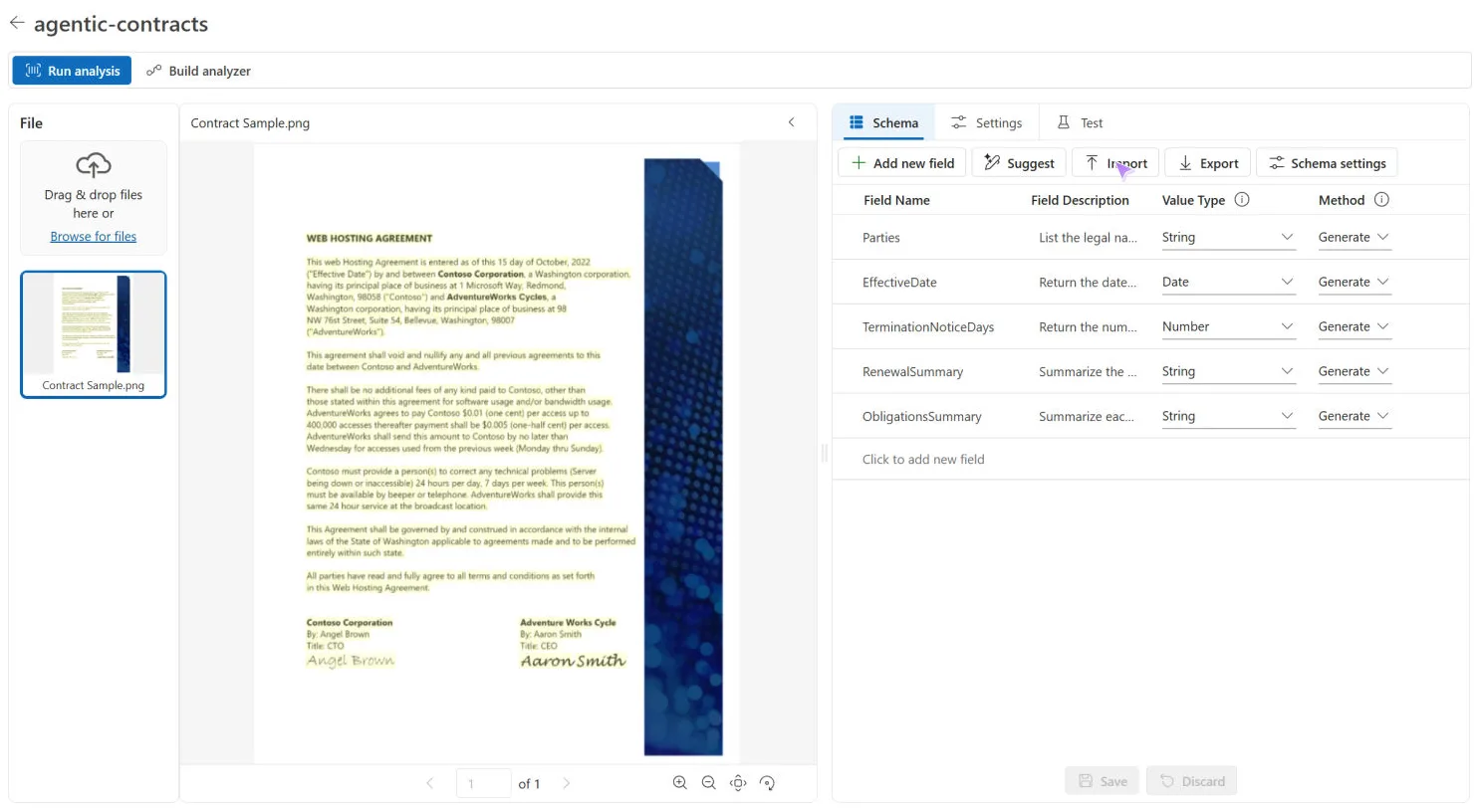 Azure Content Understanding Studio showing an agentic contract analyzer with generated fields for parties, dates, notice periods, and summaries.