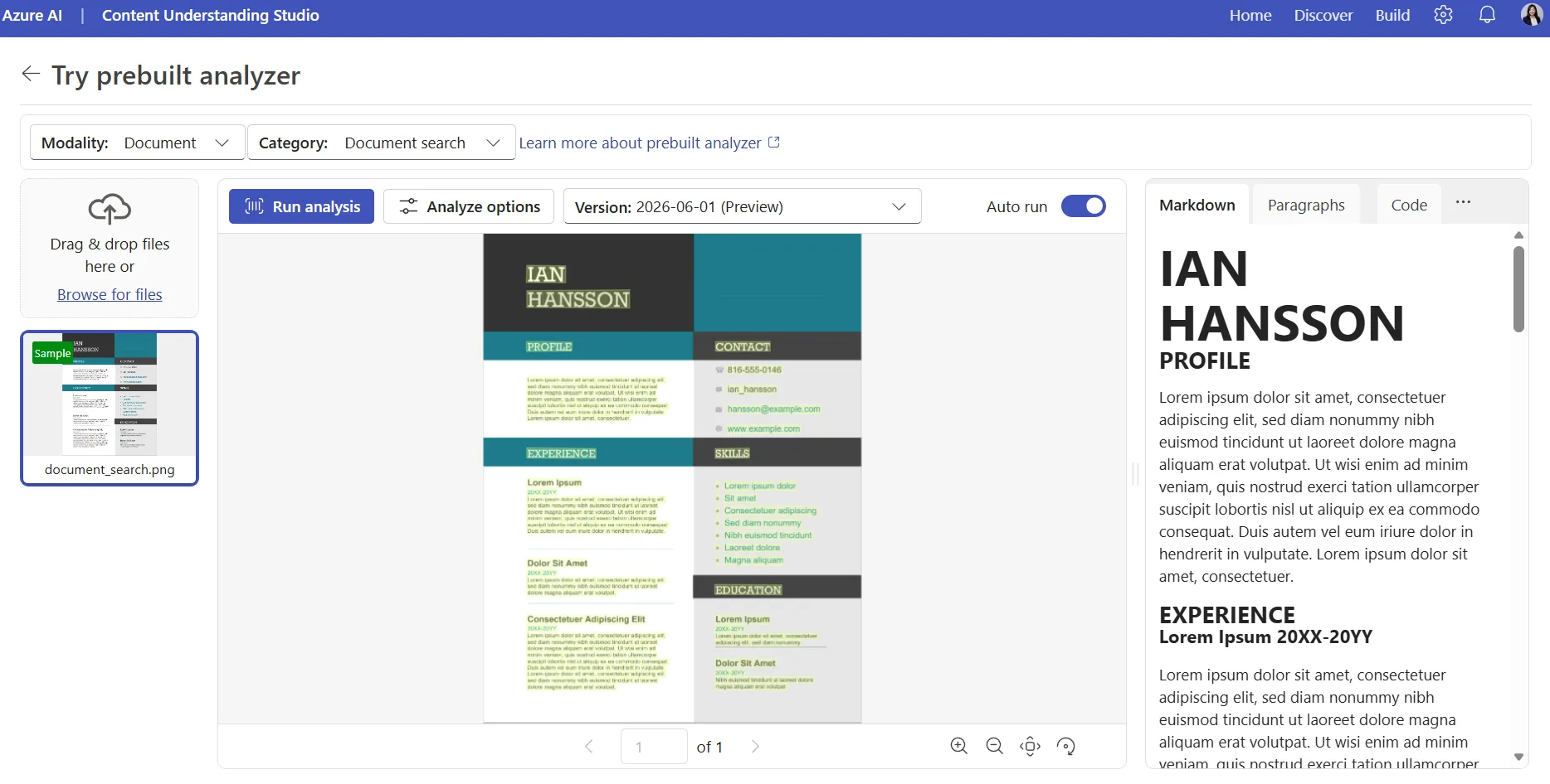 Azure Content Understanding Studio analyzing a call-center recording with a transcript and extracted topics, companies, and people.