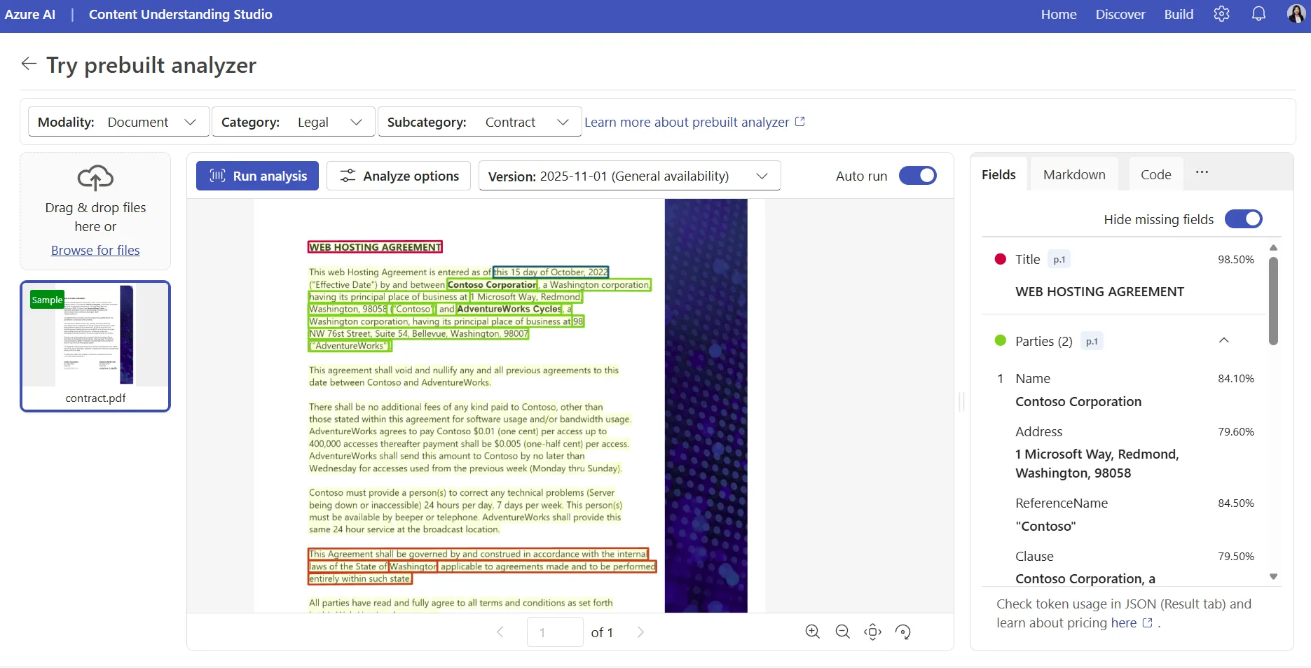 Azure Content Understanding Studio showing a custom receipt analyzer schema beside a sample hotel receipt.