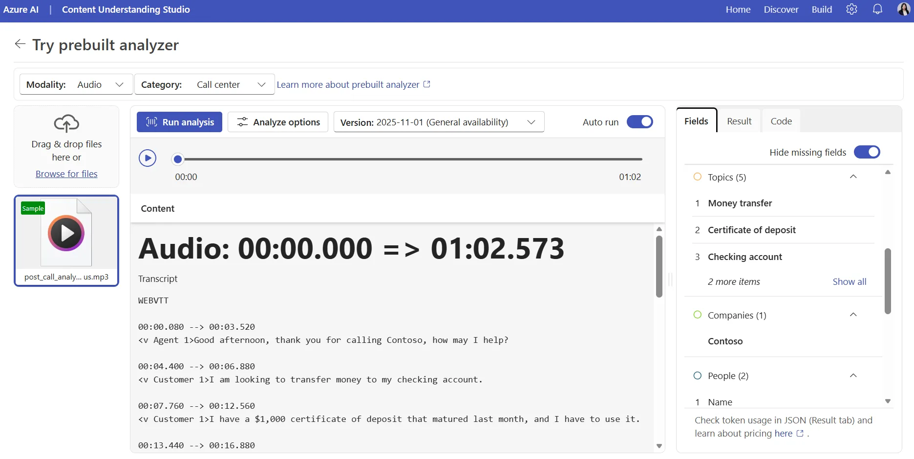 Azure Content Understanding Studio showing a document search analyzer and structure-aware Markdown extracted from a resume.