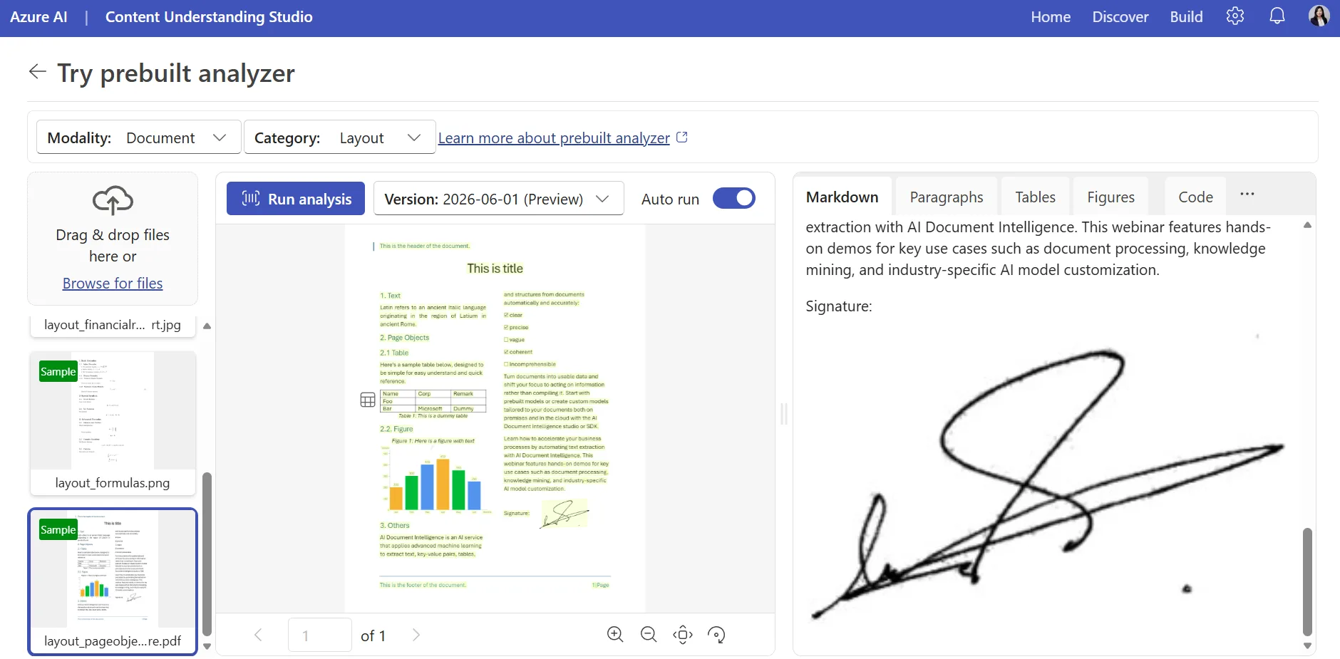 Azure Content Understanding Studio showing the Layout analyzer with a sample document and extracted Markdown that includes a signature.
