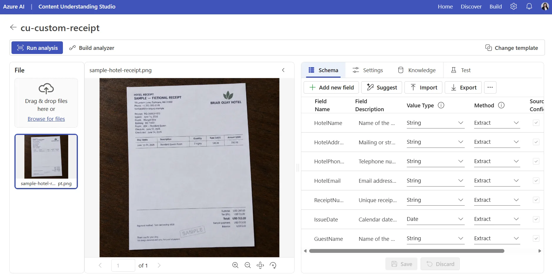Azure Content Understanding Studio analyzing a web hosting agreement with grounded contract fields and confidence scores.