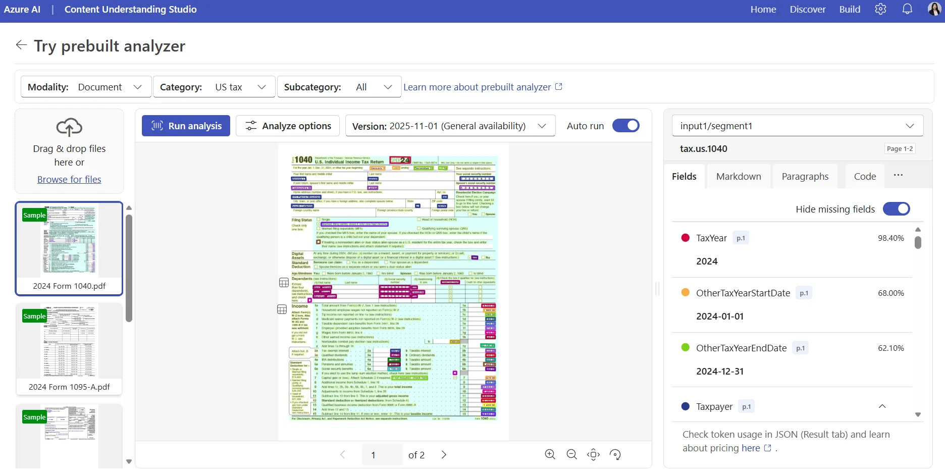 Azure Content Understanding Studio analyzing a Form 1040 with grounded tax fields and confidence scores.