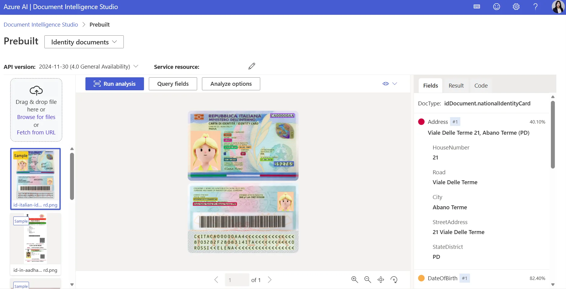 Azure Document Intelligence Studio analyzing an Italian identity document with extracted address fields and confidence scores.