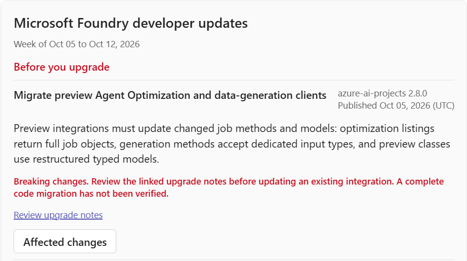Foundry developer changelog displayed in Teams, with an azure-ai-projects 2.8.0 upgrade notice, breaking-change warning, and source link.