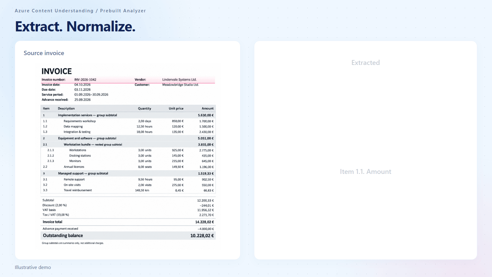 Illustrative demo of invoice extraction and value normalization. 