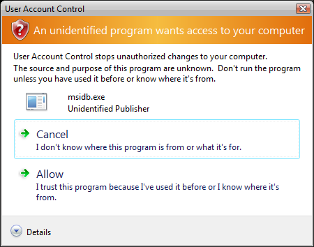 User Account Control Prompt for msidb.exe