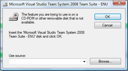 Insert the 'Microsoft Visual Studio Team System 2008 Team Suite - ENU' disk and click OK.