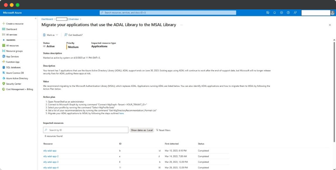 Screenshot of Azure AD recommendations in the Azure Portal