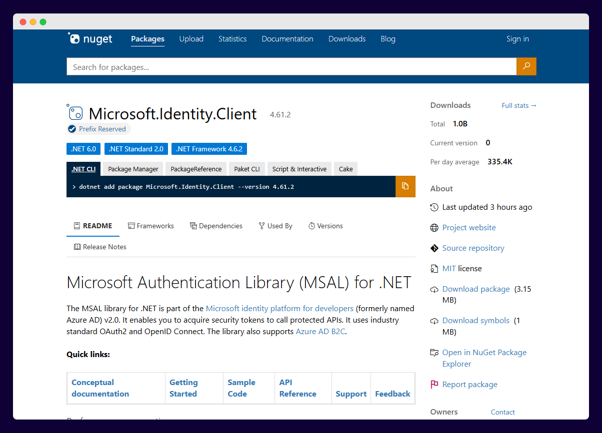 Screenshot of the Microsoft.Identity.Client library on NuGet.org.