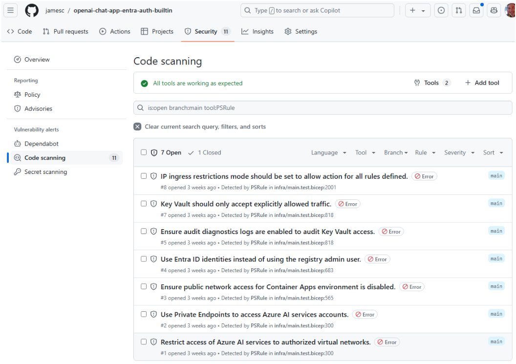 PSRule in GitHub Security page