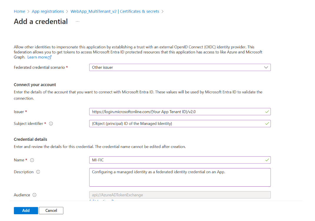 Configuring a managed identity as a federated identity credential on an App