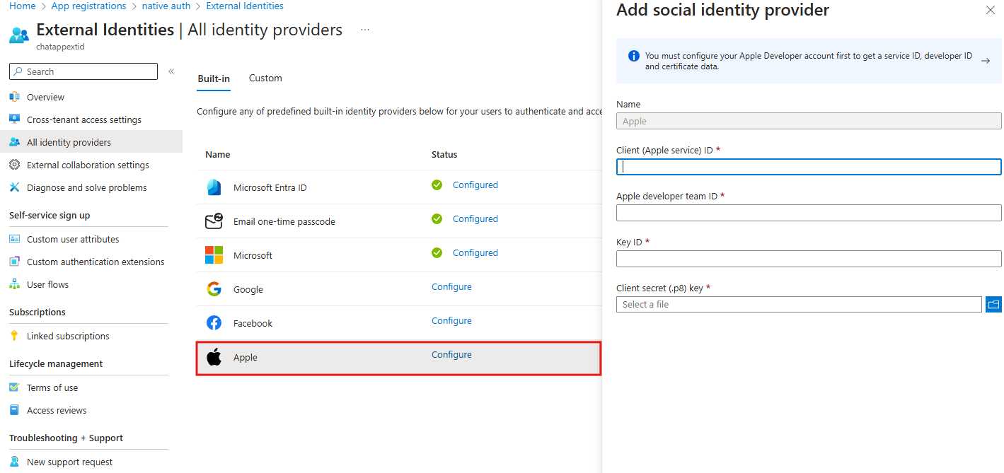 Apple external Identity provider in the Entra Portal