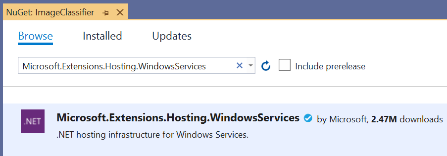 Adding the Microsoft.Extensions.Hosting.WindowsServices NuGet package