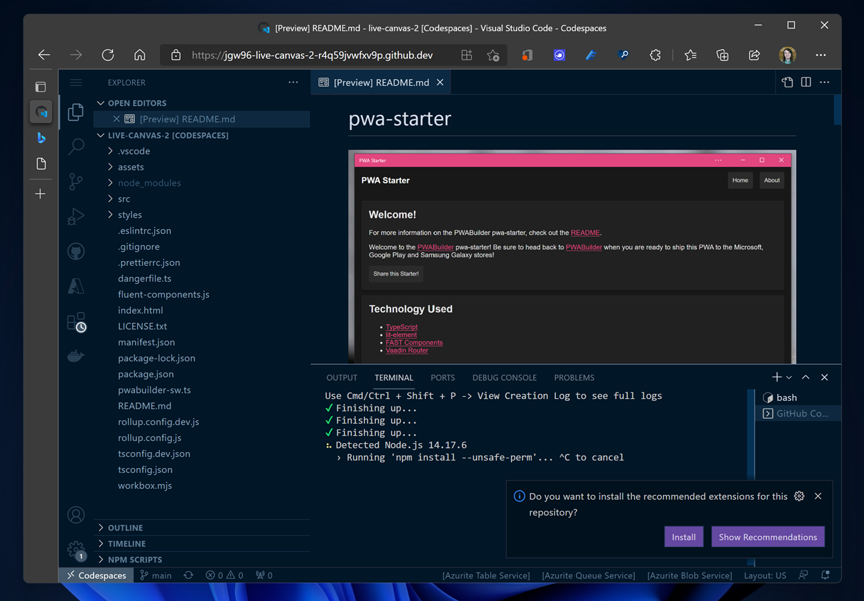 A screenshot of your Codespace running in the Microsoft Edge web browser