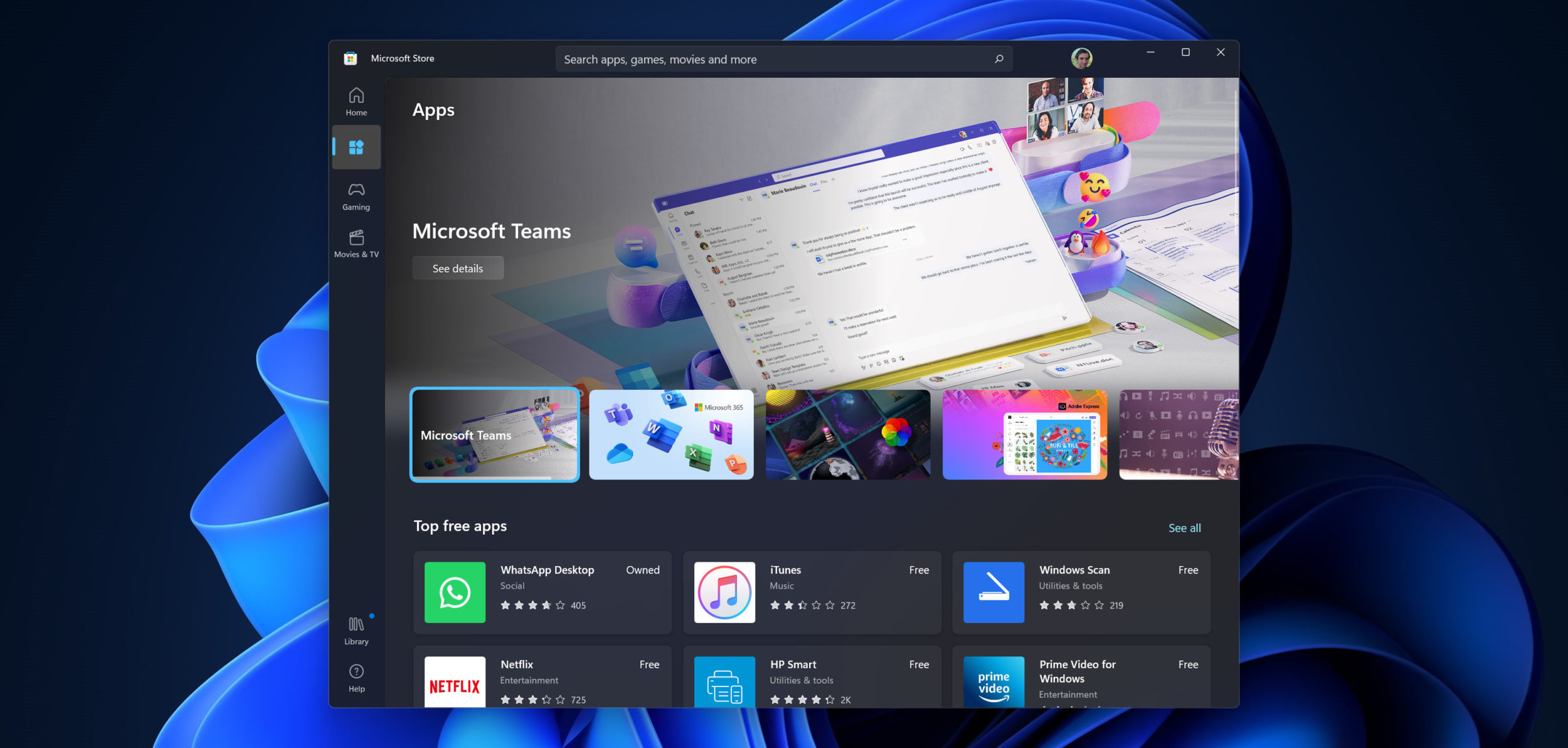 The Microsoft Store showing the home page, with Microsoft Teams being featured in the spotlight