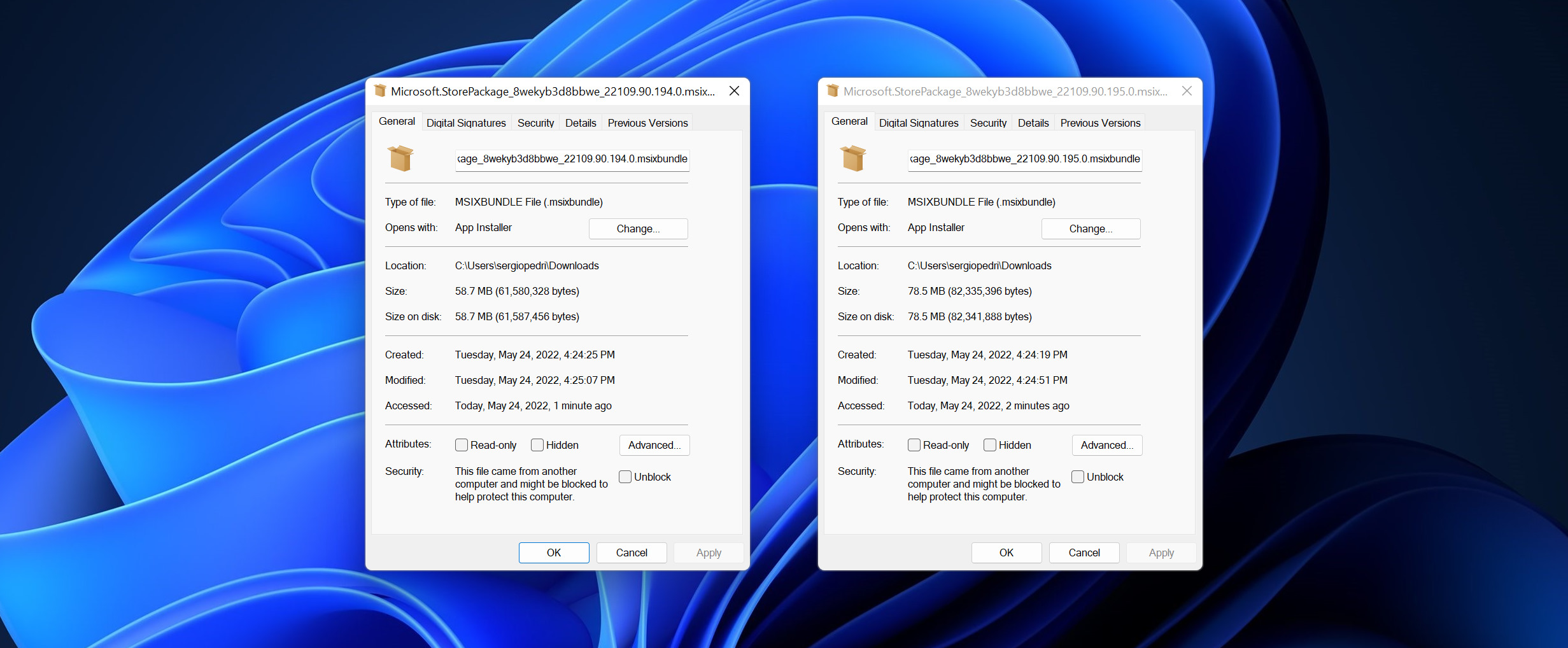 Two file property dialogs showing the binary size difference between two Microsoft Store MSIX packages. The one on the left, with trimming enabled, shows a size of 58,7MB. The one on the right, before trimming, shows a size of 78,5MB.