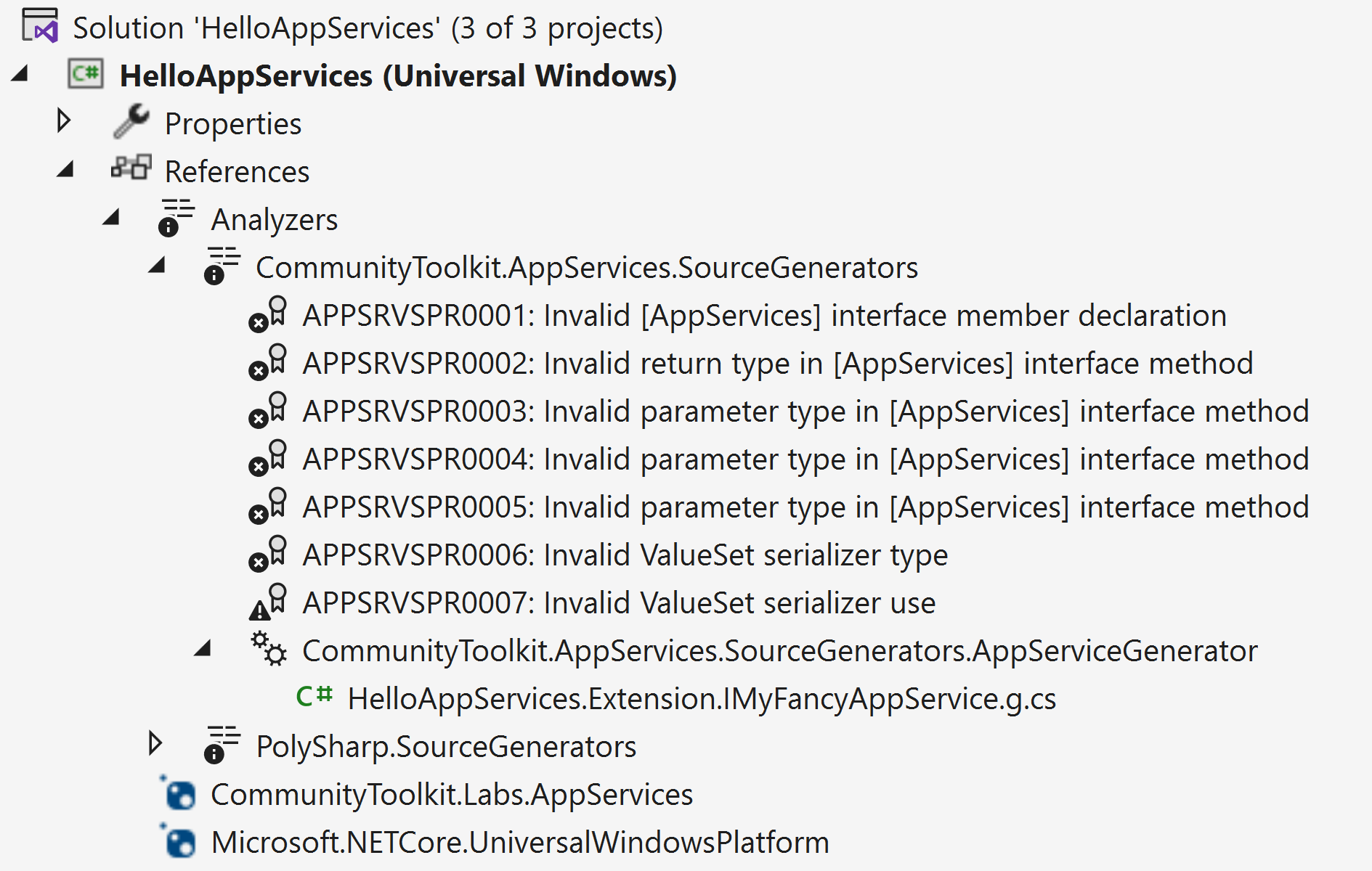 The "References > Analyzers" node in Solution Explorer in Visual Studio, listing all analyzers bundled in the AppServices library, along with the generator too (which also generated a file). The analyzers show the various diagnostics that can be produced, like when using invalid parameters or incorrectly using complex types without a custom serializer in an app service interface.