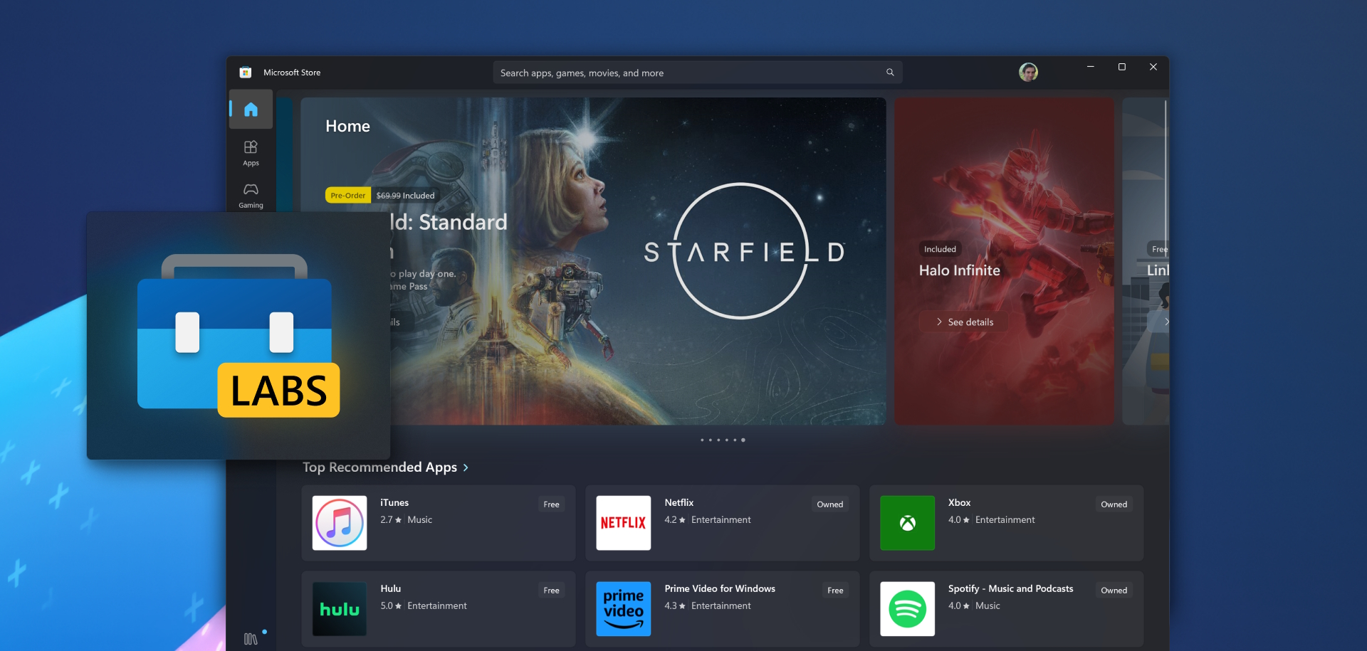 A wallpaper showing a screenshot of the Microsoft Store app, and the Windows Community Toolkit Labs logo over it. The Microsoft Store is opened on the home page, showing Starfield and other games in the spotlight, and some recommended apps like iTubes, Netflix, Hulu and prime Video below.