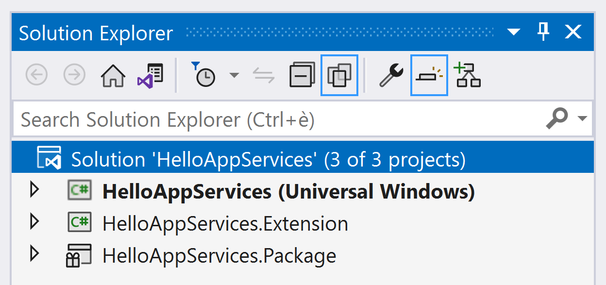 A picture showing the solution explorer panel in Visual Studio, with the "HelloAppServices" test solution open. The panel lists three projects in the solution: "HelloAppServices" (the UWP app), "HelloAppServices.Extension", the Win32 Desktop extension, and "HelloAppServices.Package", the packaging project referencing both.