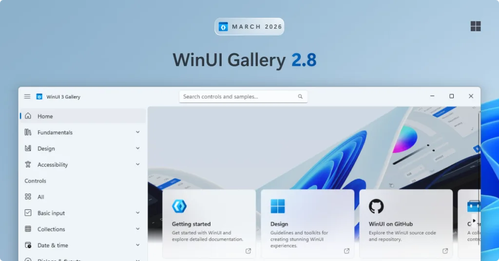 Header image with a screenshot of the WinUI 3 Gallery