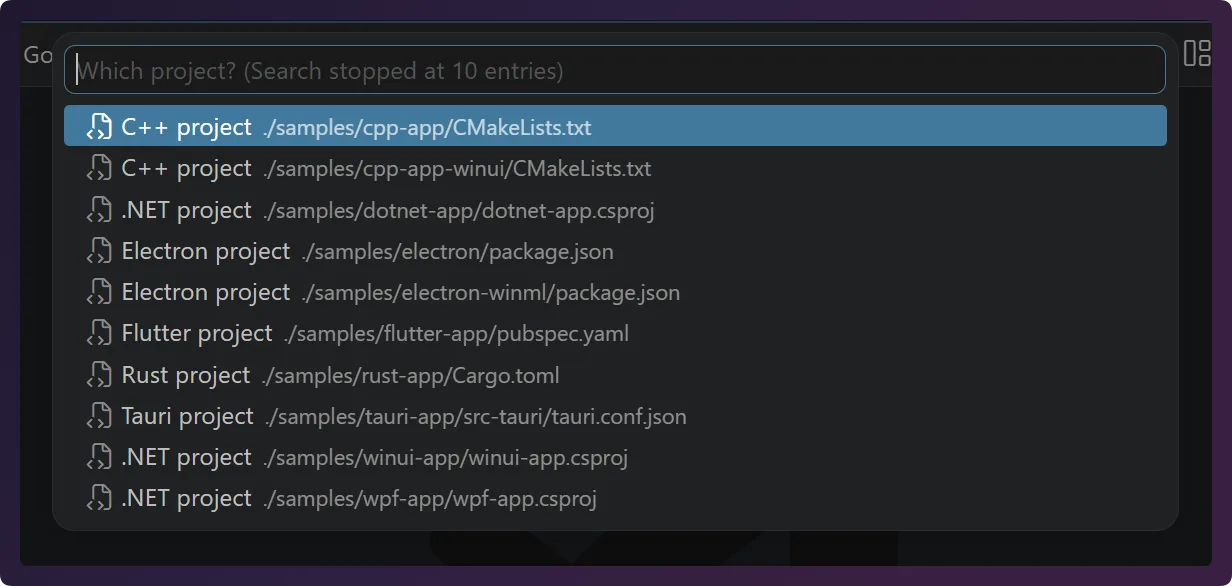 Screenshot of Quickpick in VS Code showing app options for Winapp command to run on
