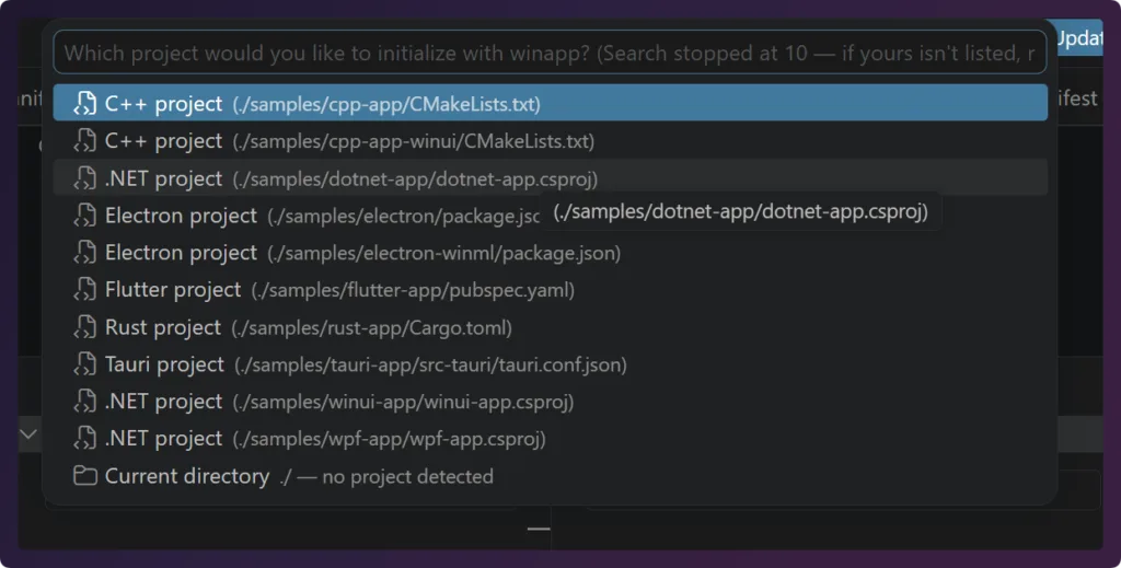 Quickpick of app options when running the winapp init command in VS Code.
