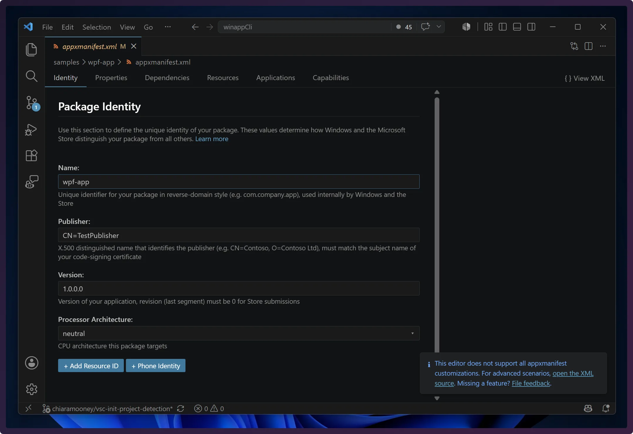 Screenshot of WinApp manifest editor open to the Identity tab. A GUI form with fields for Name, Publisher, etc that matches the theming of VS Code.