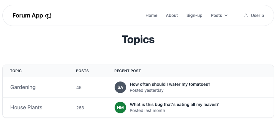 Example UI with posts grouped into topics