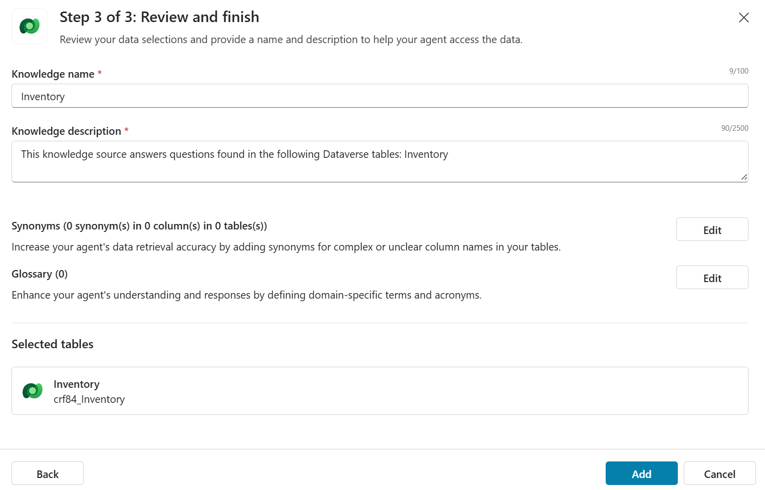 Inventory Dataverse table knowledge