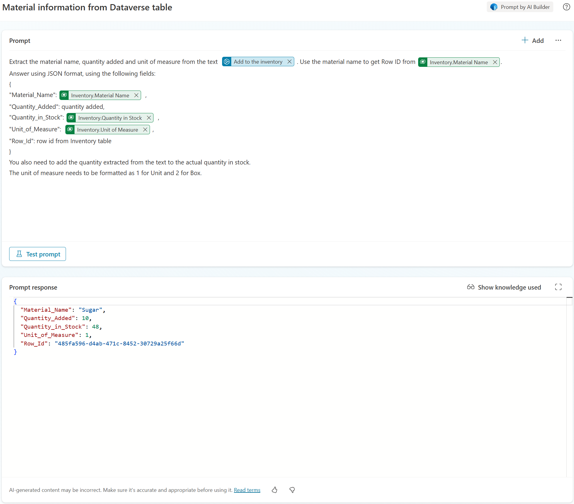 Prompt to return inventory information from Dataverse table
