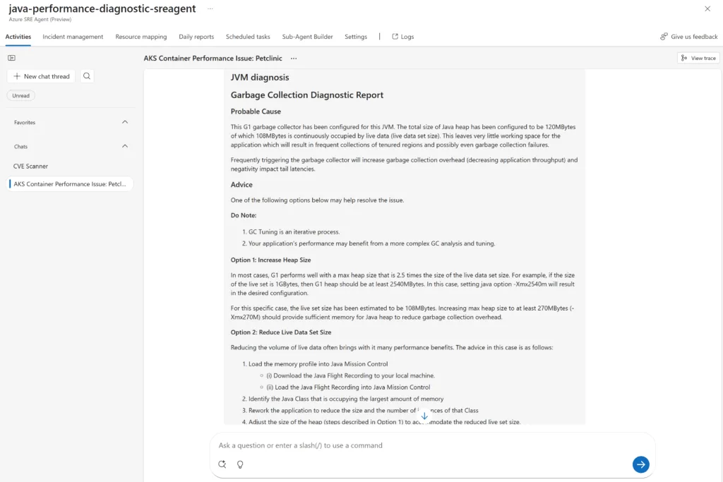 A diagnosis from SRE agent showing a garbage collection issue