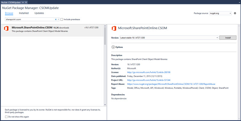 Nuget Package Manager: CSOMUpdate