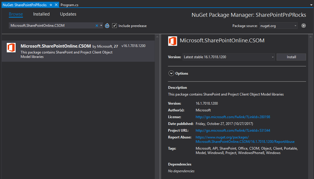 CSOM package visible in the NuGet gallery view at Visual Studio