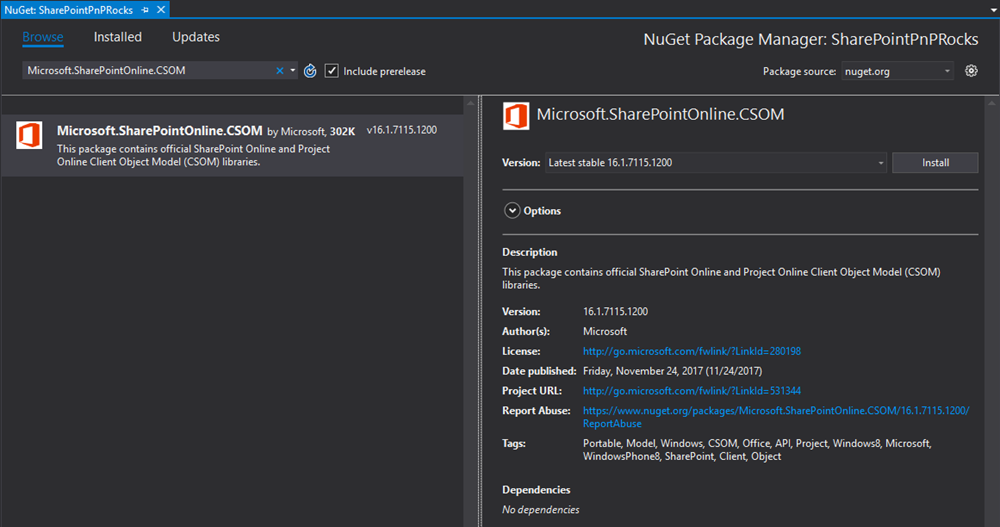 CSOM package visible in the NuGet gallery view at Visual Studio