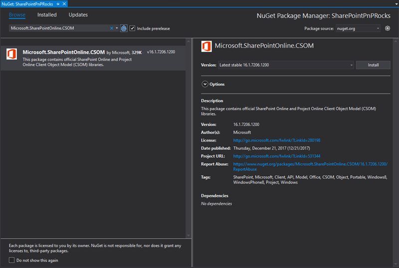 CSOM package visible in the NuGet gallery view at Visual Studio