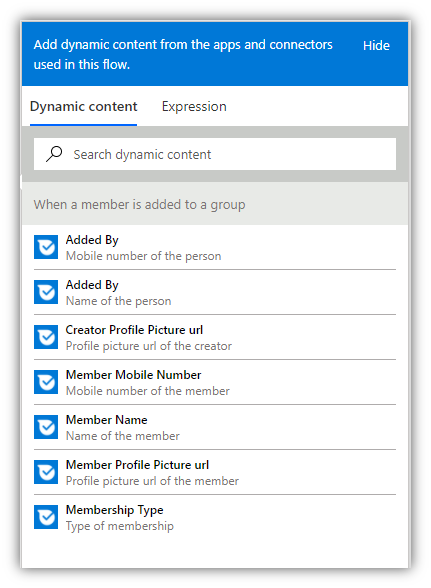 Screenshot of add dynamic content