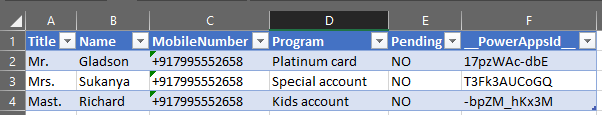 Excel table after running