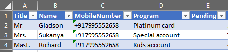 Excel table before running