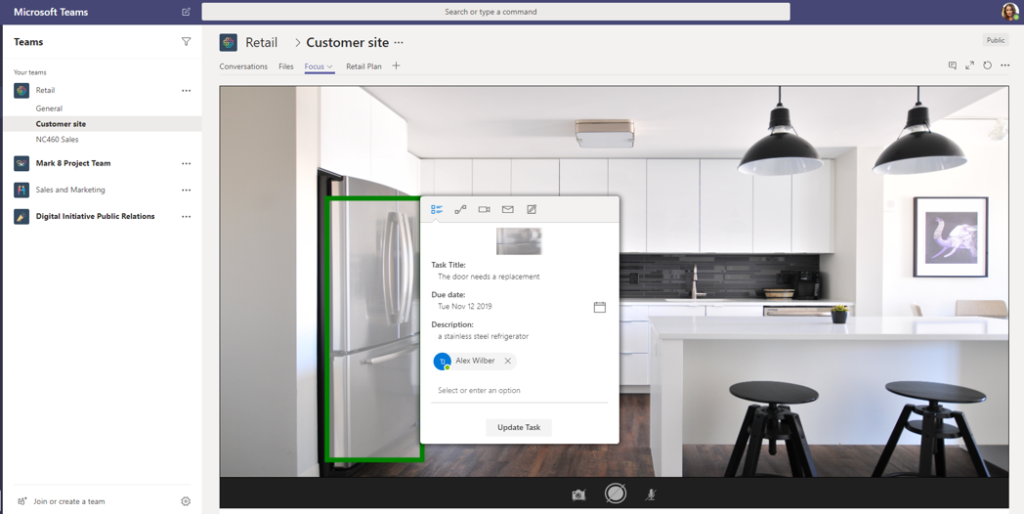 Teams tab showing a picture of a kitchen with tagging applied