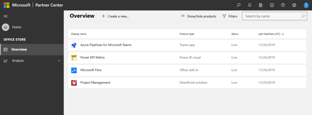 Screenshot of the Partner Center overview page showing Teams, Power BI, Office add-in, and SharePoint solutions.