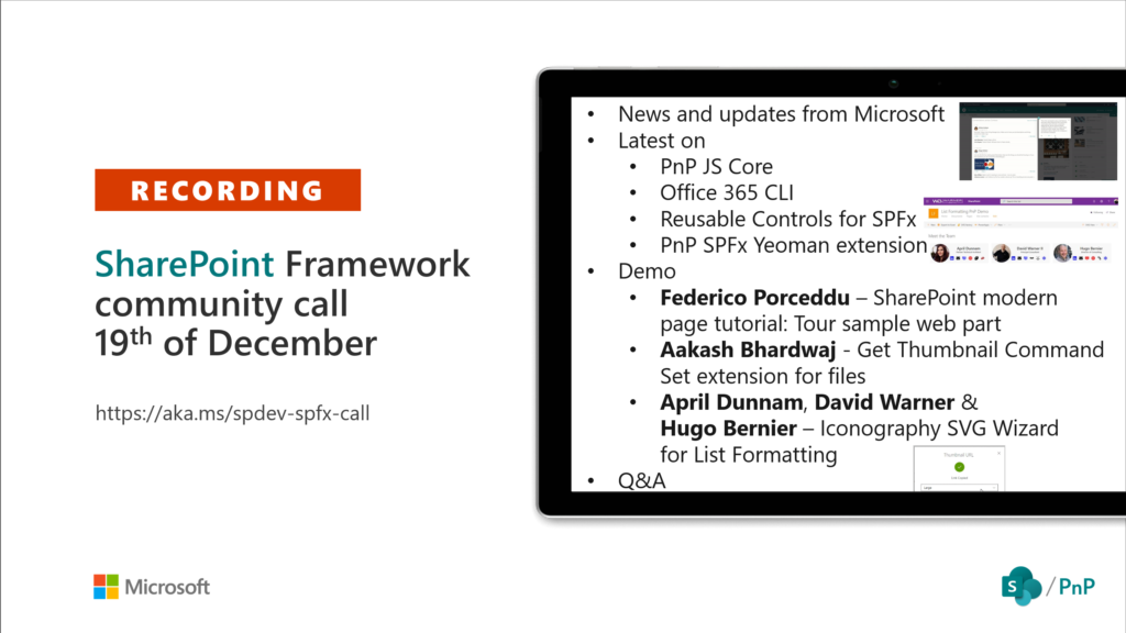 SharePoint Framework Community Call Recording – 19th of December 2019