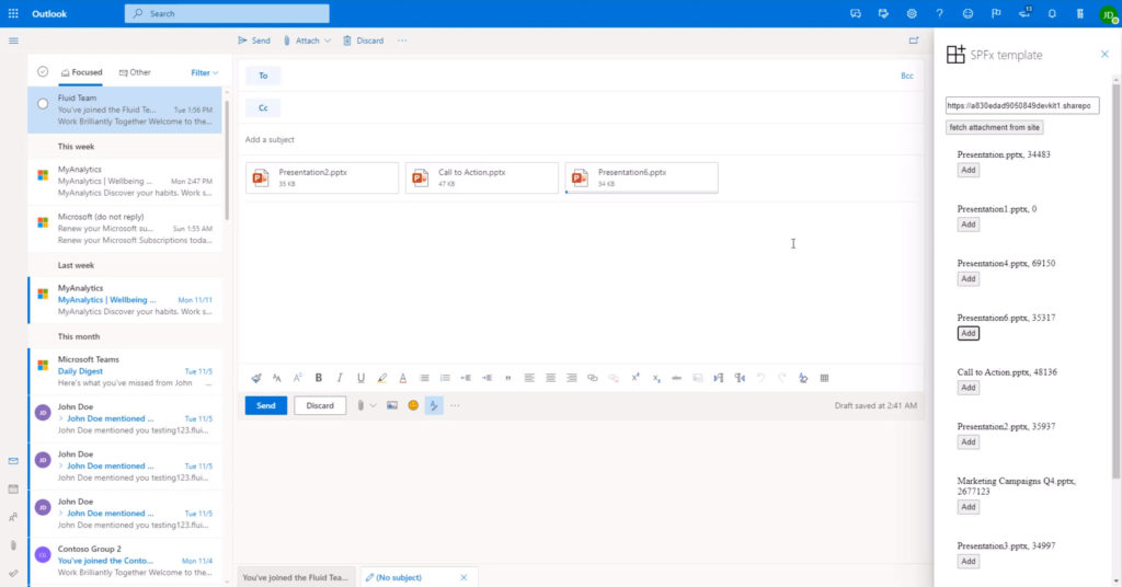 An SPFx-created add-in for Outlook Web Access, with connections to Microsoft Graph