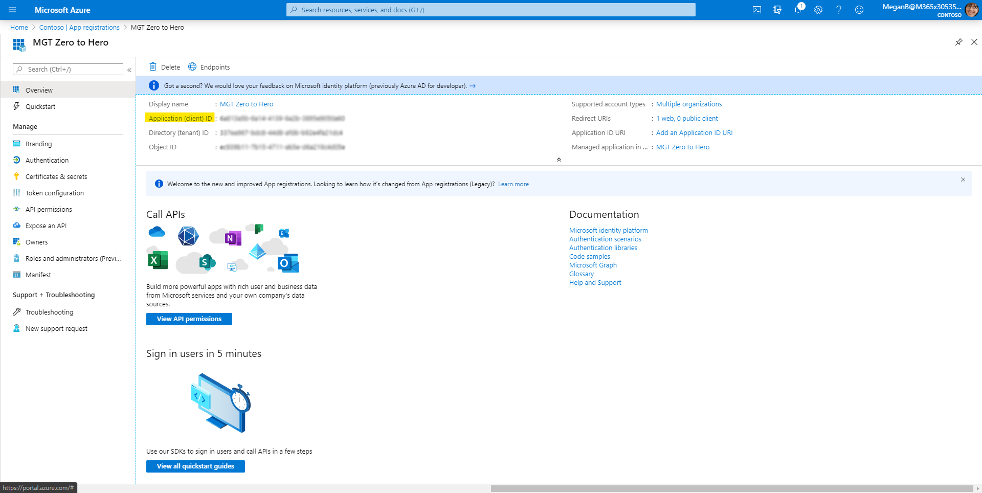 location of your Application Client ID in the Azure AD portal