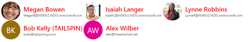 Five mgt-person components with customized CSS. Bigger avatar size, red font color, and smaller font size for email addresses.