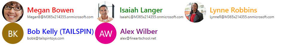 Five mgt-person components with customized CSS. Each person’s name is shown in different colors.