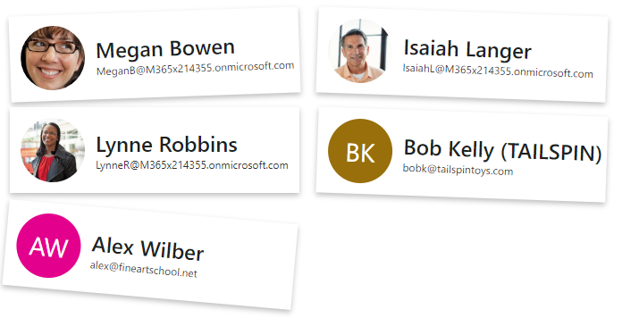 Five mgt-person components with customized CSS creating a polaroids effect.