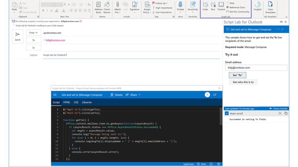 Screenshot showing Script Lab ribbon buttons and task pane in Outlook on Windows desktop, and the Code window.